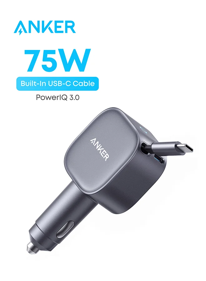 High-Speed 75W USB-C Car Charger with Retractable Cable Ultra-Compact Fast Charging Adapter for Smartphones and Tablets (Grey) clmje