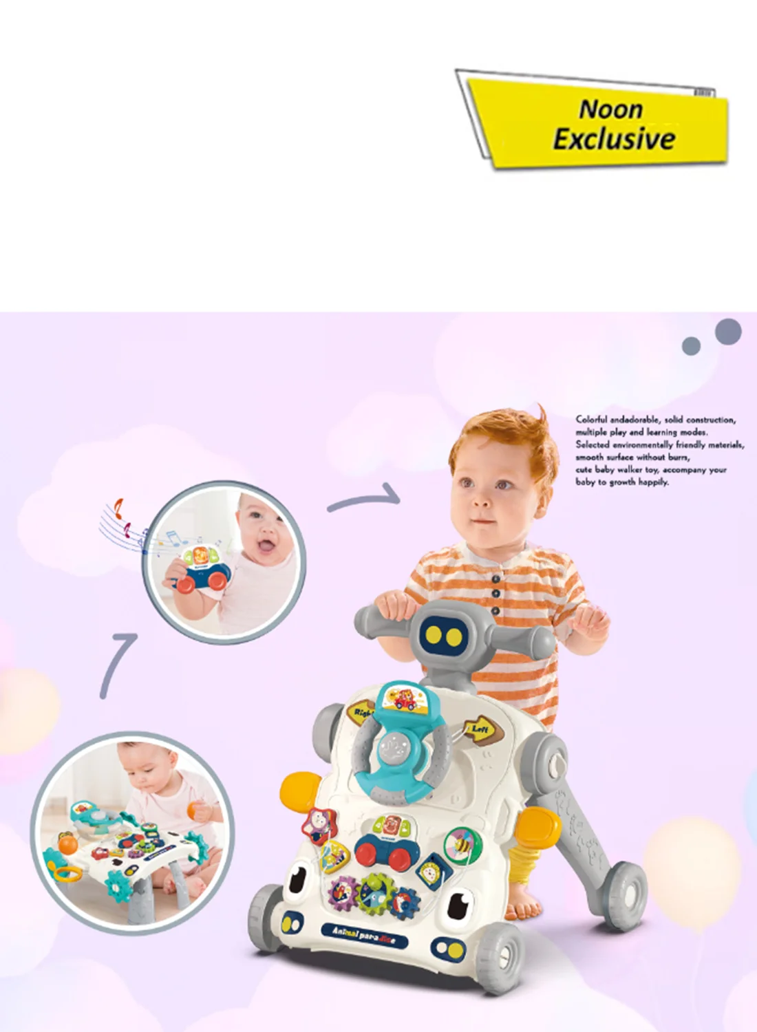 COGNIKIDS 3-in-1 Baby Walker with Activity Panel and Game Table (Grey, Adjustable Speed) t85j9