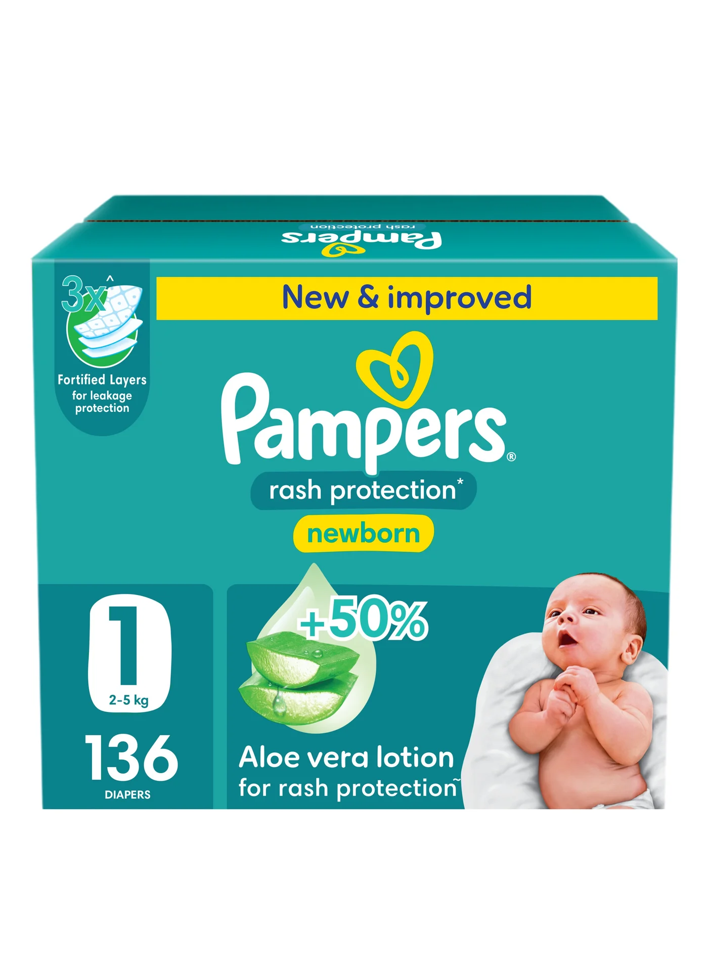 Premium Rash Protection Taped Diapers for Infants (Size 1, 2-5kg, 136 Count) 1tw4x