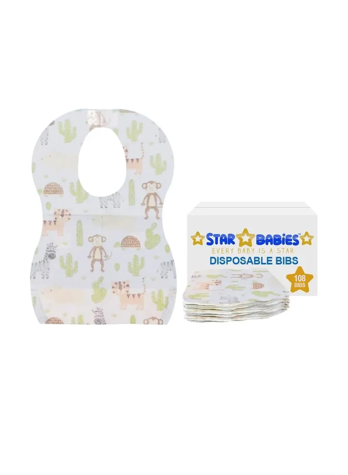 STAR BABiES Disposable Baby Bibs Waterproof Feeding Aprons (Animal Print, 108 Pack) 2x8dc