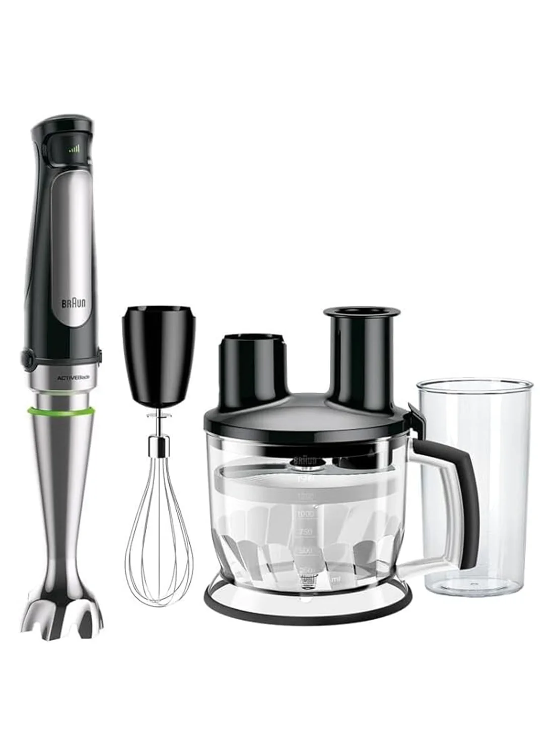 Premium Hand Blender Set with 1.5L Food Processor and Whisk, Stainless Steel Shaft, Splash Control Technology (Black/Silver, 1.5L) 4i1v0