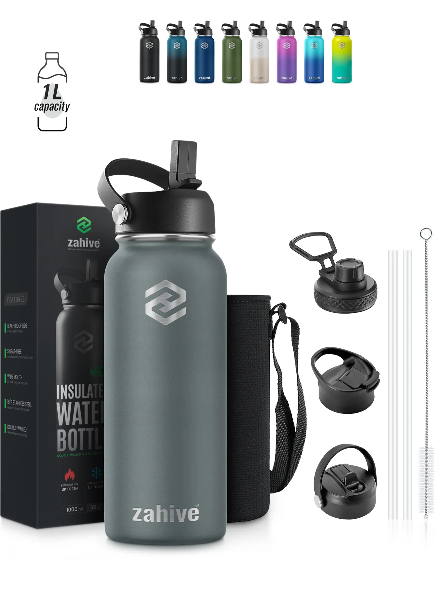 Zahive Insulated Stainless Steel Water Bottle with Straw, Leak Proof Double Wall Thermos for Hot and Cold Drinks (Cool Gray, 1000 mL) wwddu