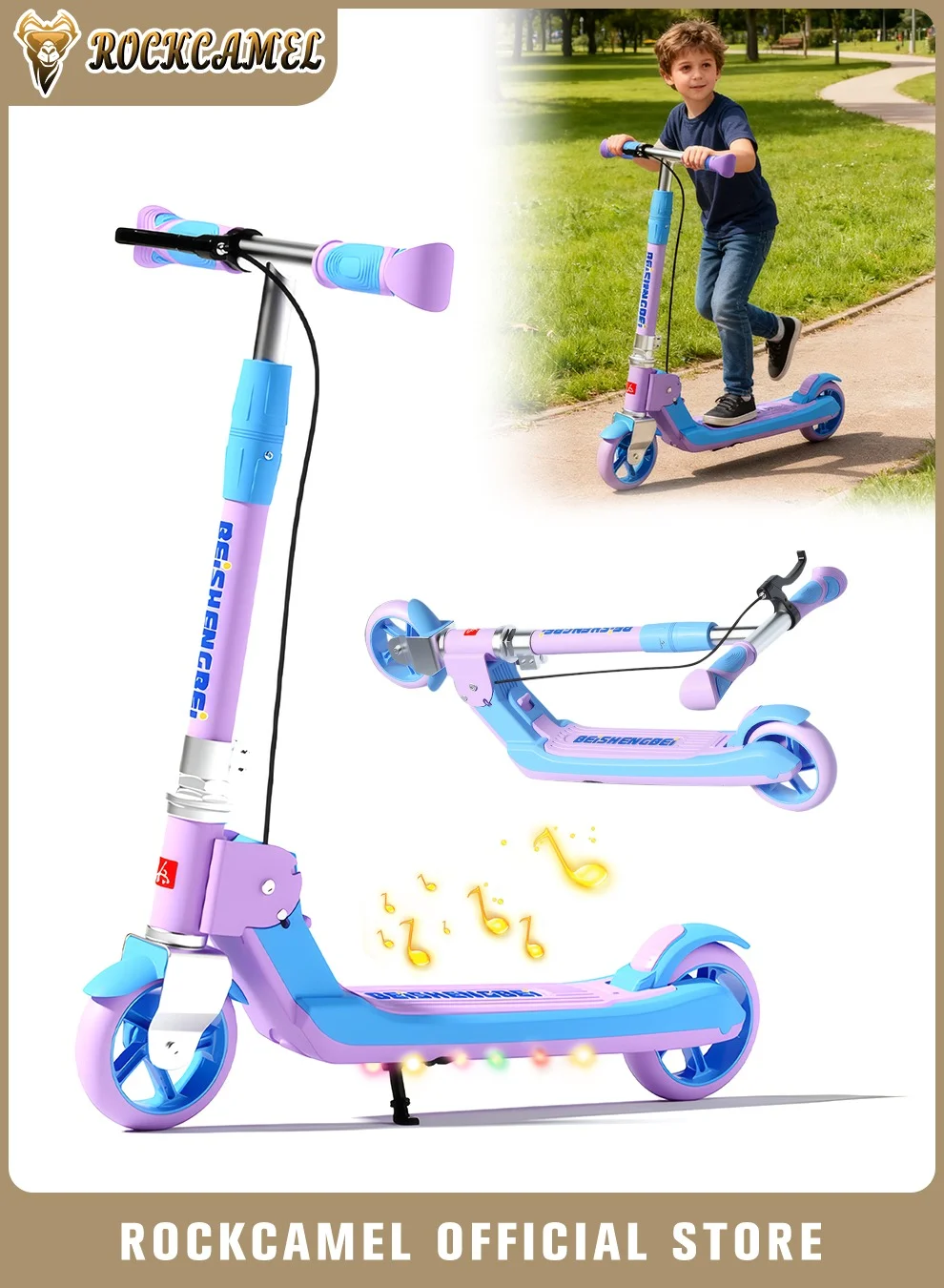 ROCKCAMEL 2-Wheel Kick Scooter Foldable Lightweight Design with LED Lighted Wheels and Adjustable Handlebars for Kids (100kg Capacity) 2ndzj