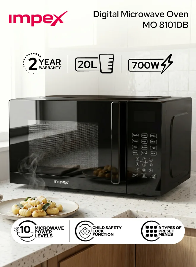 Impex Digital Microwave Oven 700W Countertop Kitchen Appliance with 8 Preset Menus and Child Safety Lock (Black, 20 L) f8w32