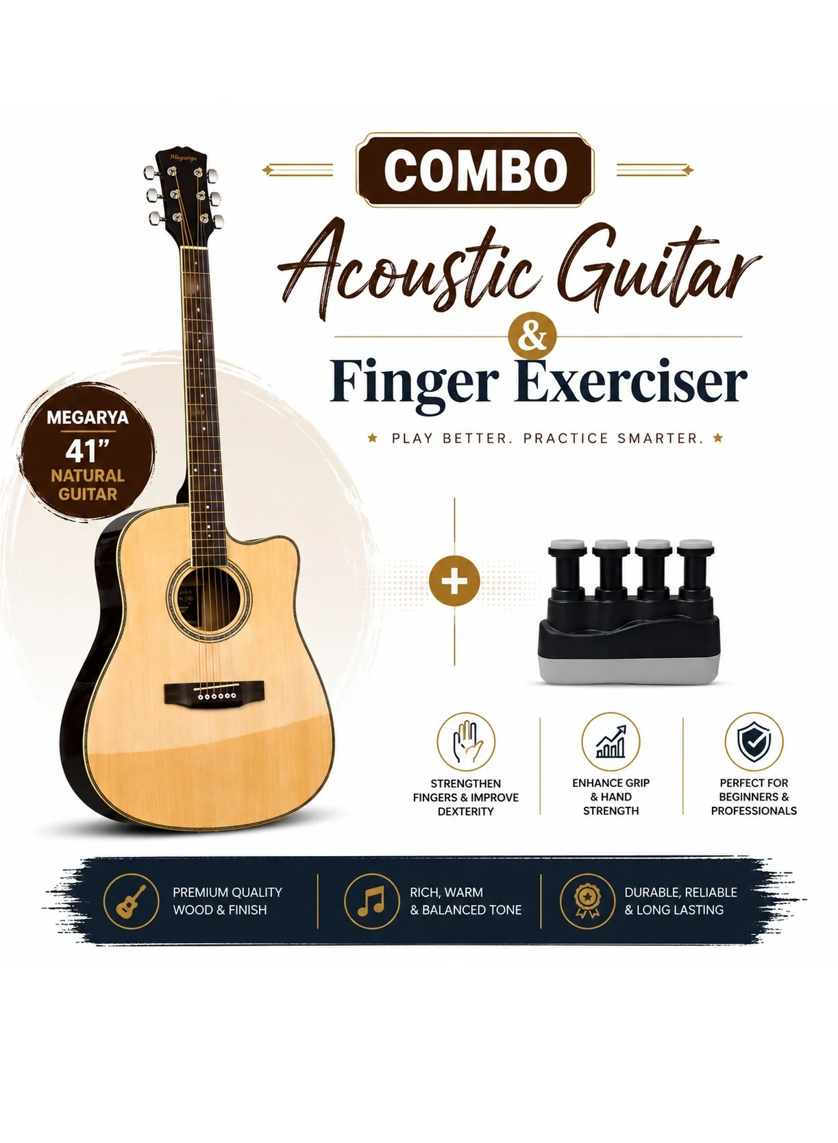 Megarya 41-Inch Acoustic Guitar Starter Set with Finger Exerciser (Natural Wood, Full Size Cutaway) jv7vr