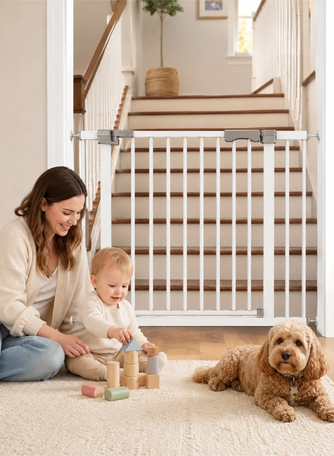 CHU DAI Baby Safety Gate for Children and Pets, Adjustable Premium Metal Barrier with Auto-Close (White, 77¨C147 cm) h67xn