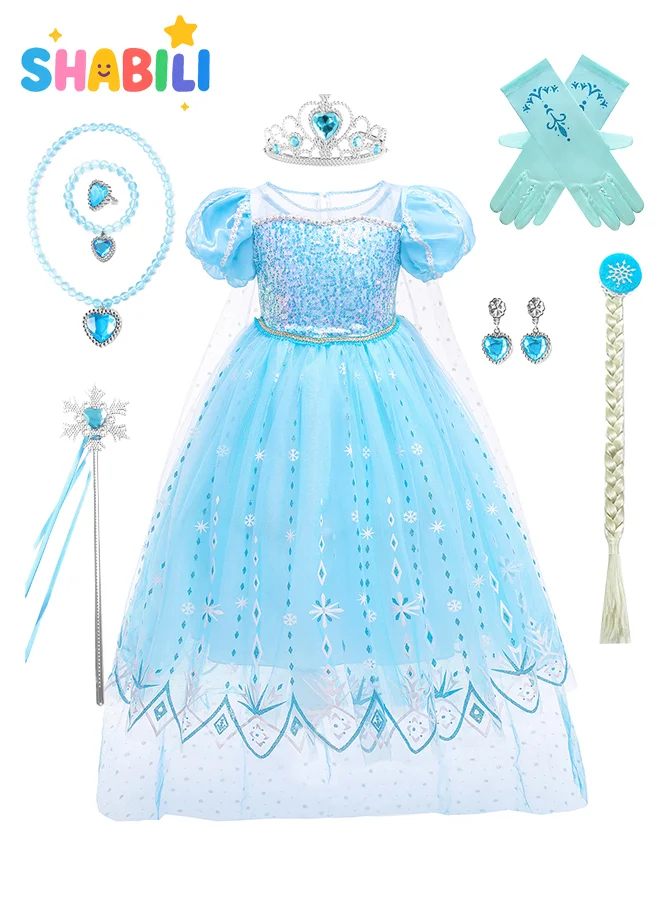 SHABILI Princess Dress Costume Set for Girls Ice Queen Outfit with Crown Wand and Gloves (Blue, 3-7 Years) av2cp