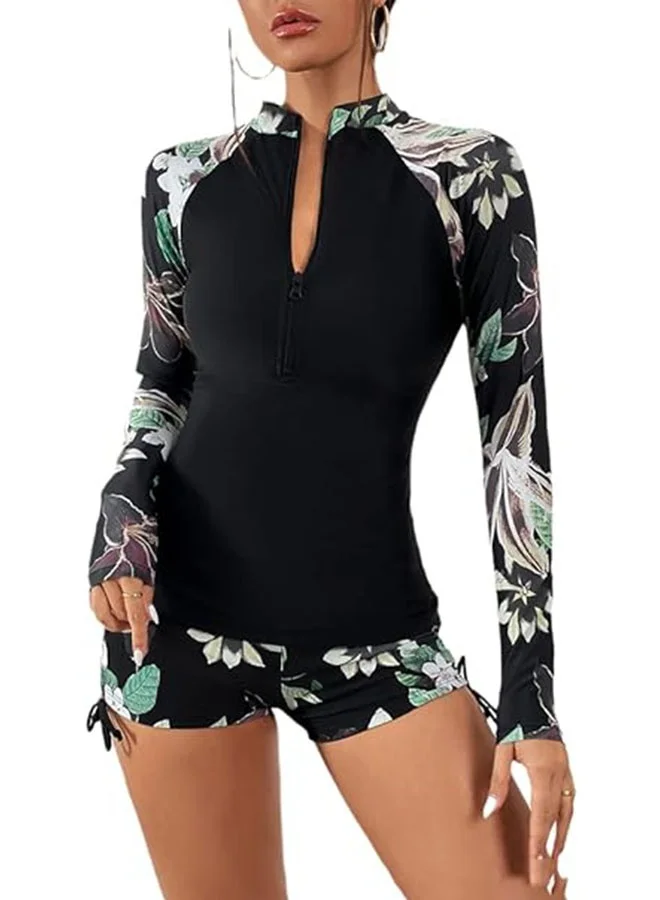 Premium Women Rash Guard Swimsuit Set Long Sleeve Floral Print UV Protection Swimming Costume (Multicolor, M) i8jfm