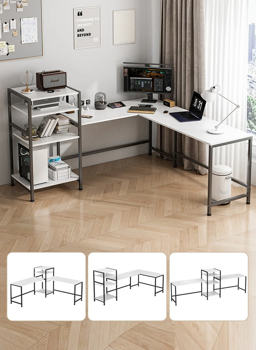 FAMAPY L-Shaped Computer Desk with Integrated Bookshelf (White, 120 cm x 100 cm) ohlei