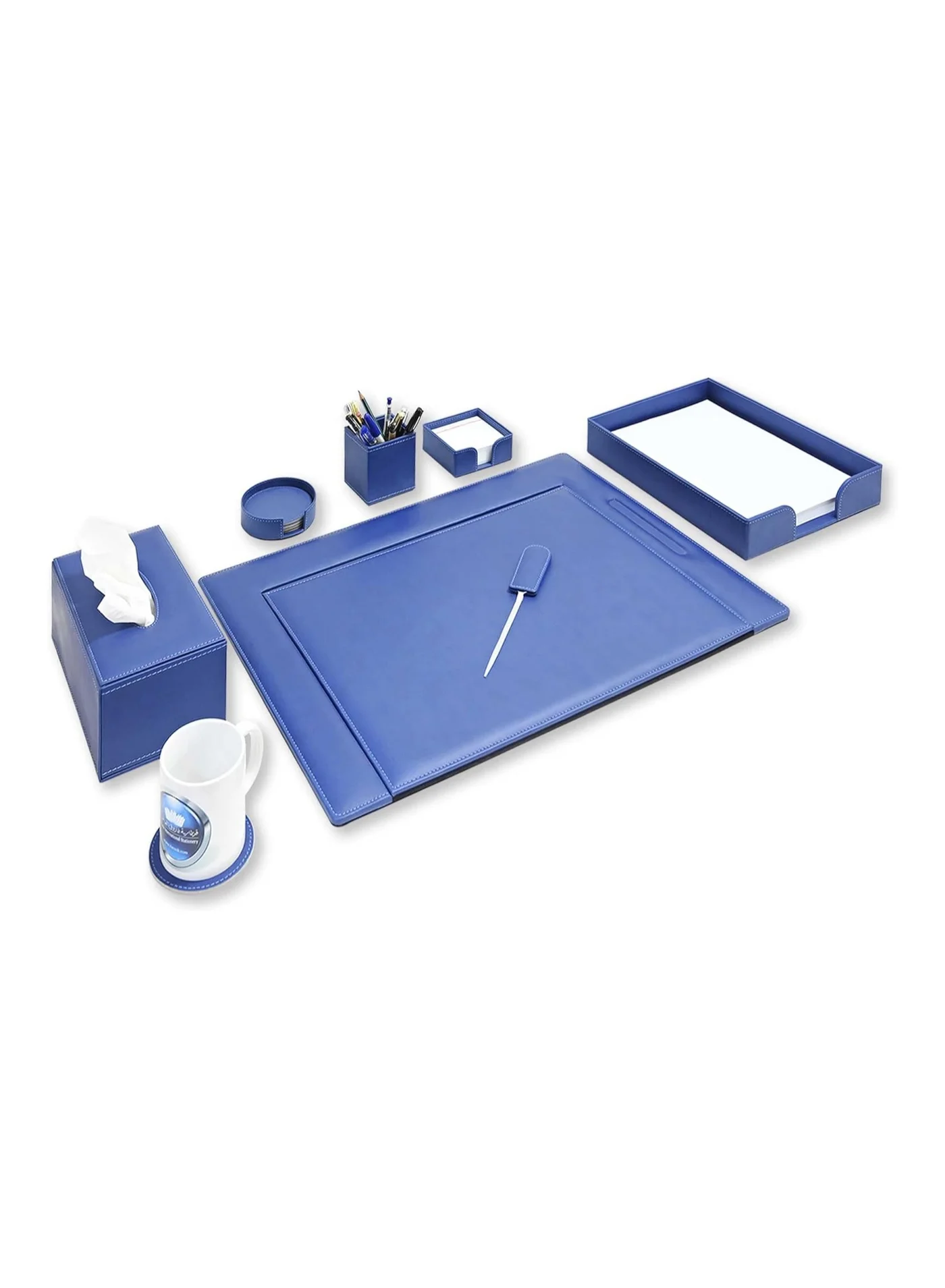Executive Italian PU Leather Desk Organizer Set (7-Piece, Blue) Premium Office Stationery Accessories for Professional Workspace z1usq