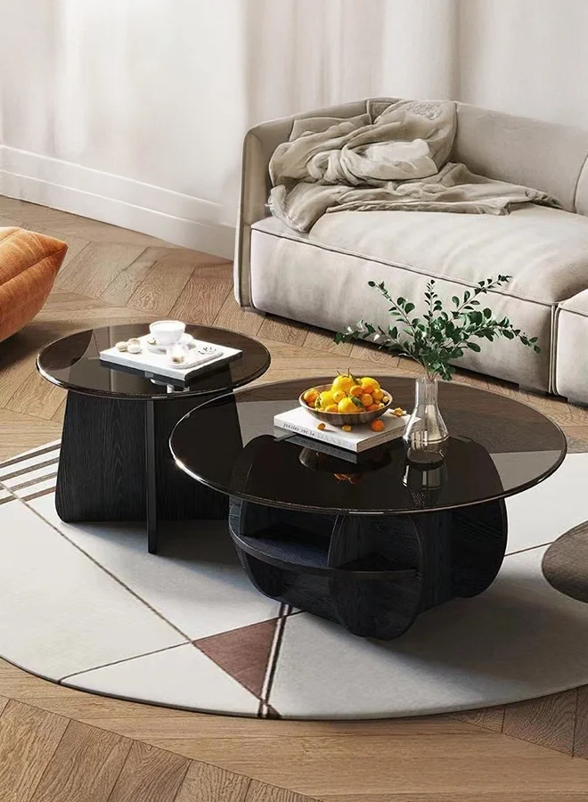 XiuWoo Round Coffee Table Set of 2, Geometric Glass Top with Solid Wood Base, Modern Farmhouse Center Table for Living Room (Black, 70 cm and 50 cm) oi4ku