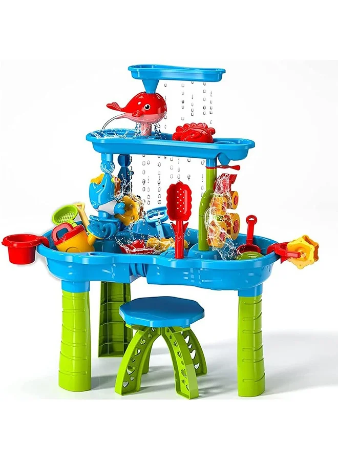 Garlo Kids Sand and Water Activity Table 3-Tier Sensory Play Station with Rain Shower Features for Outdoor Summer Fun (Multicolor, 75 cm) 9ya79