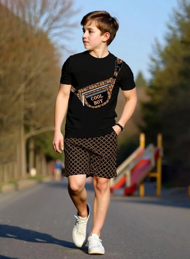 Take Two Boys Graphic Print T-Shirt And Shorts Set (Black, Kids) my0ml