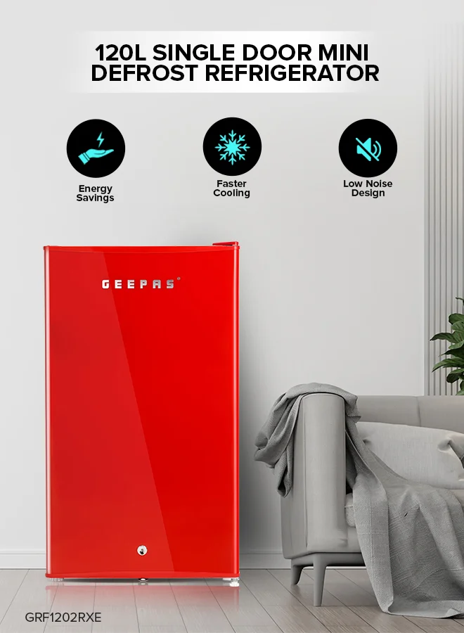 Geepas Retro Single Door Mini Refrigerator Premium Compact Fridge with Glass Shelves and Lock (Red, 92L) 0ryfs