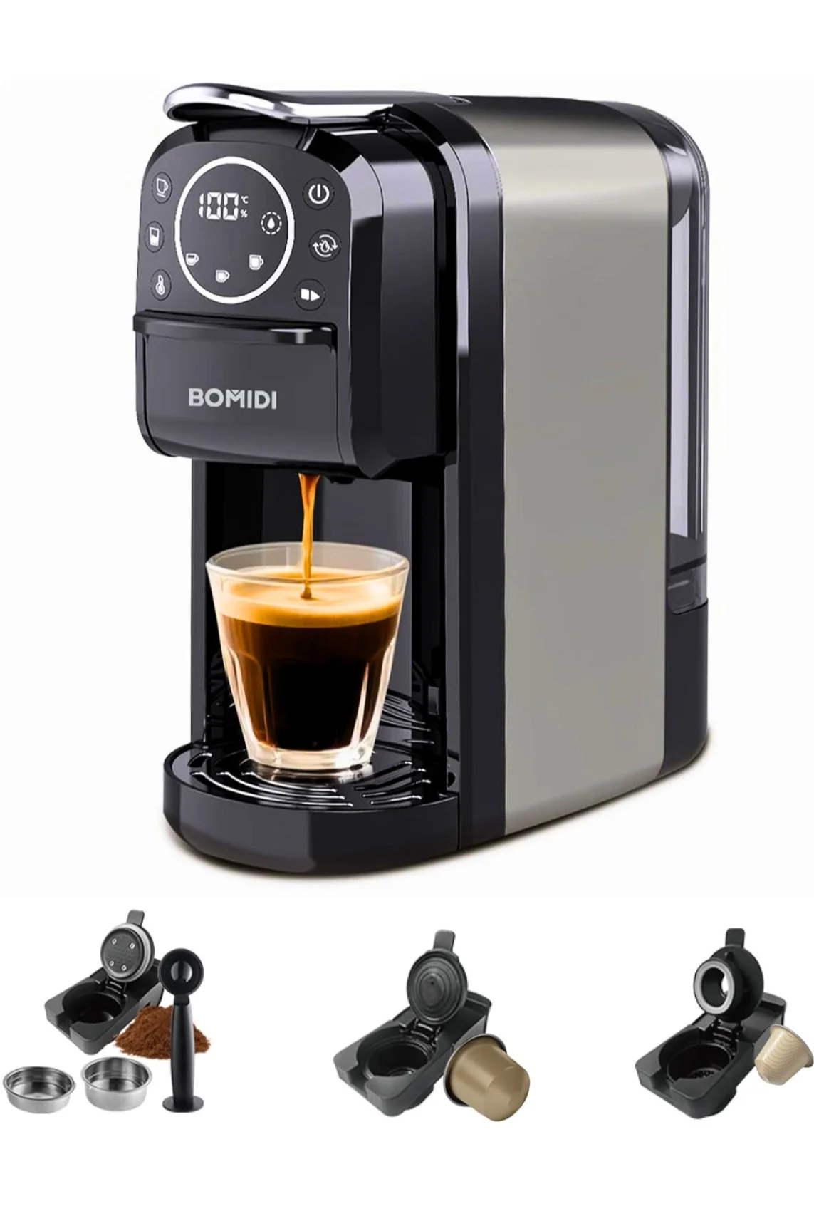BOMIDI 3-in-1 Capsule Coffee Machine, 20 Bar High-Pressure Espresso Maker with Touch Control, 700mL Removable Water Tank (Black) 95mf6