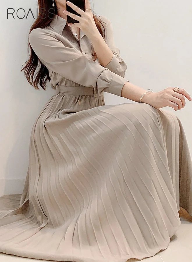 Roaiss Elegant Lapel Shirt Dress for Women French Style Long Sleeve Buttoned Pleated Hem High Waist Dress with Belt (Solid Color, Medium) 6jxfn