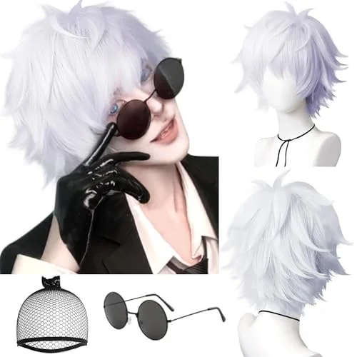 Premium Synthetic Short Fluffy Cosplay Wig with Bangs and Accessories (Purple-Silver Mix, One Size) lk9w5