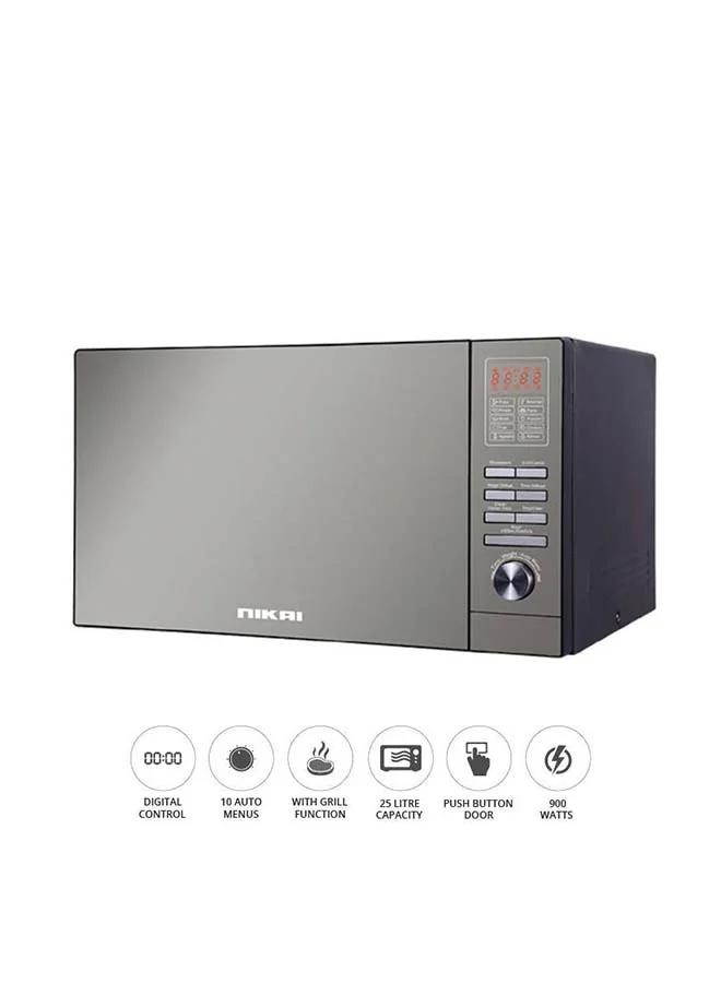 Nikai Microwave Oven with Grill Function, Mirror Finish, Digital Control, 5 Power Levels, Child Lock (Silver, 25 L) horbx