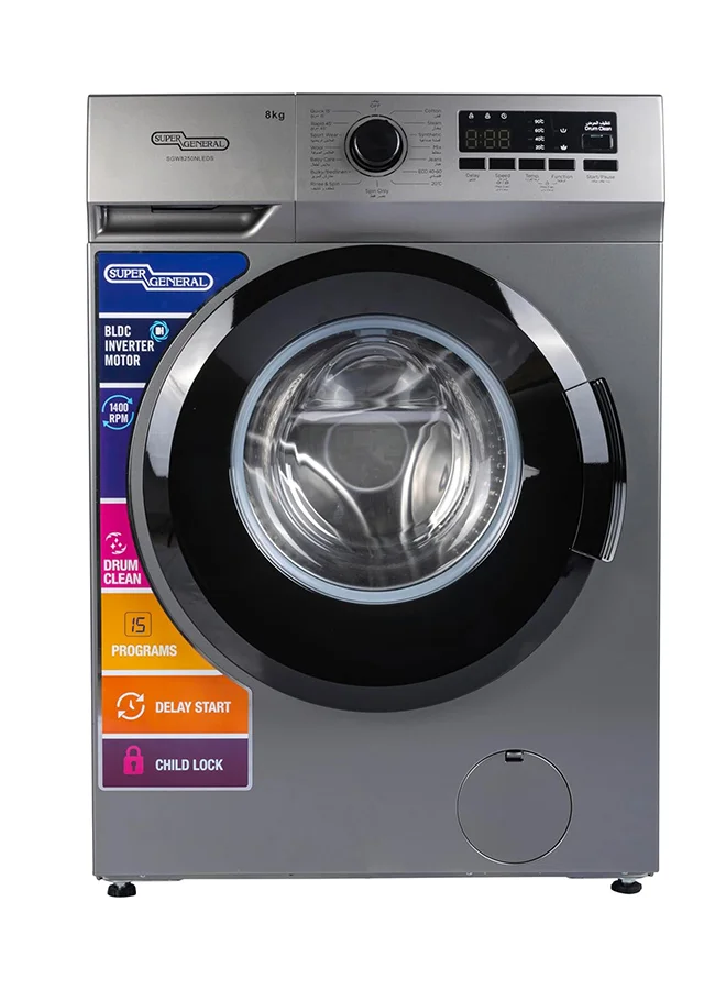 Super General 8 Kg Front Load Washing Machine with BLDC Inverter Motor, 1400 RPM, 15 Programs, Built-in Heater, LED Display (Silver, 8 kg) oyee4