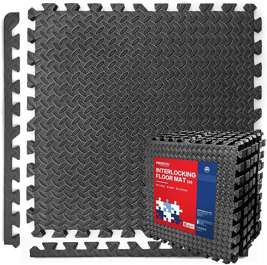 PROIRON Interlocking Exercise Mat (Black, 2cm Thick, 6 Tiles Set) Premium EVA Foam Floor Tiles for Home Gym and Fitness 30mlh