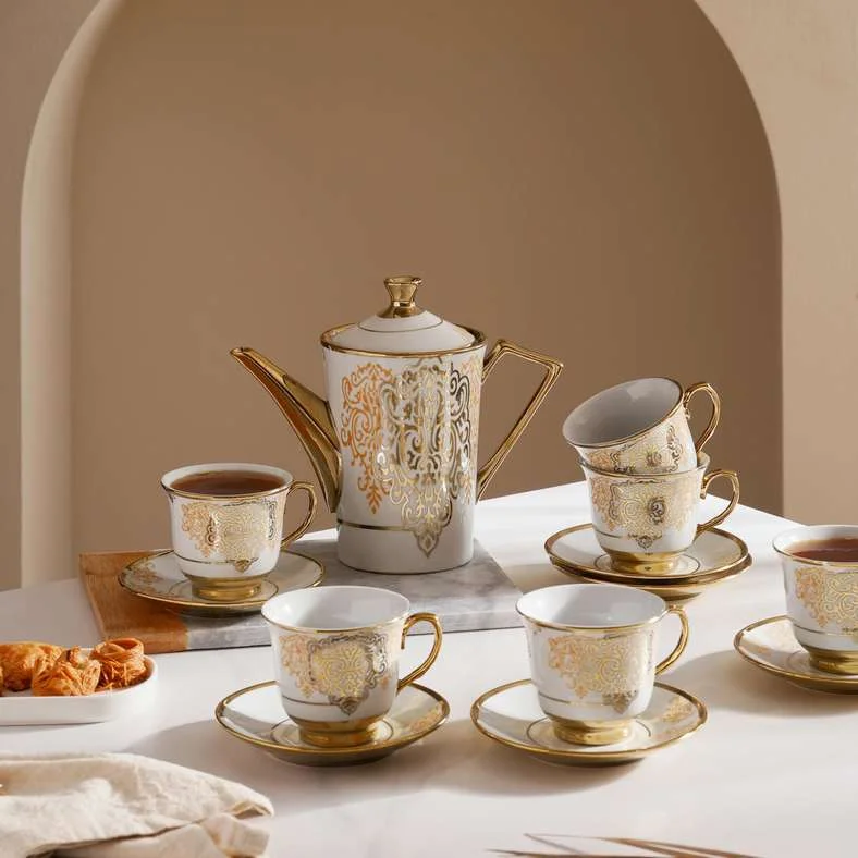 Pan Home Makena 13-Piece Porcelain Tea Set with 1.2L Teapot and 220mL Cups (White Gold) q5y7l