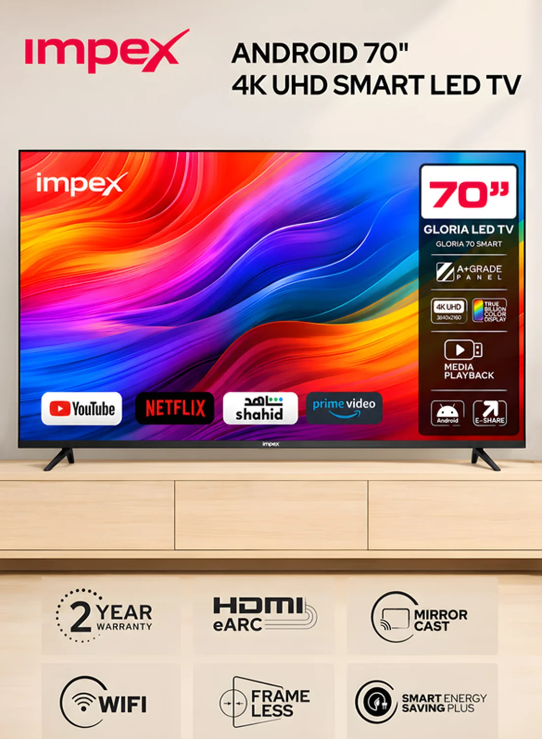 Impex 70 Inch 4K Ultra HD Smart LED Android TV (Frameless Design, Black, 177 cm) 9rqvw