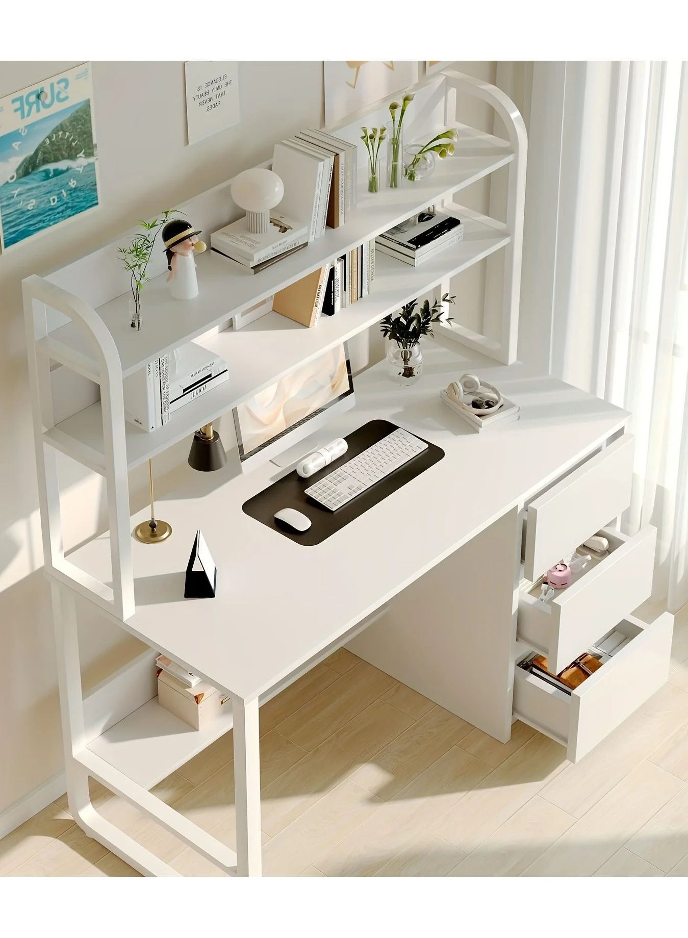 AIWANTO Extra Large Computer Desk with 3-Tier Shelves and 3 Drawers Premium Home Office Workstation (White, 140cm) t9ldq
