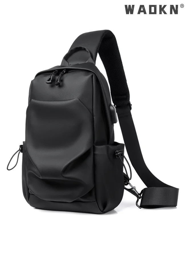 WAOKN Crossbody Backpack Lightweight Chest Bag Water Resistant Shoulder Bag with USB Charging Port for Travel Hiking Cycling (Black, 35 cm x 18 cm x 10 cm) 81uvu