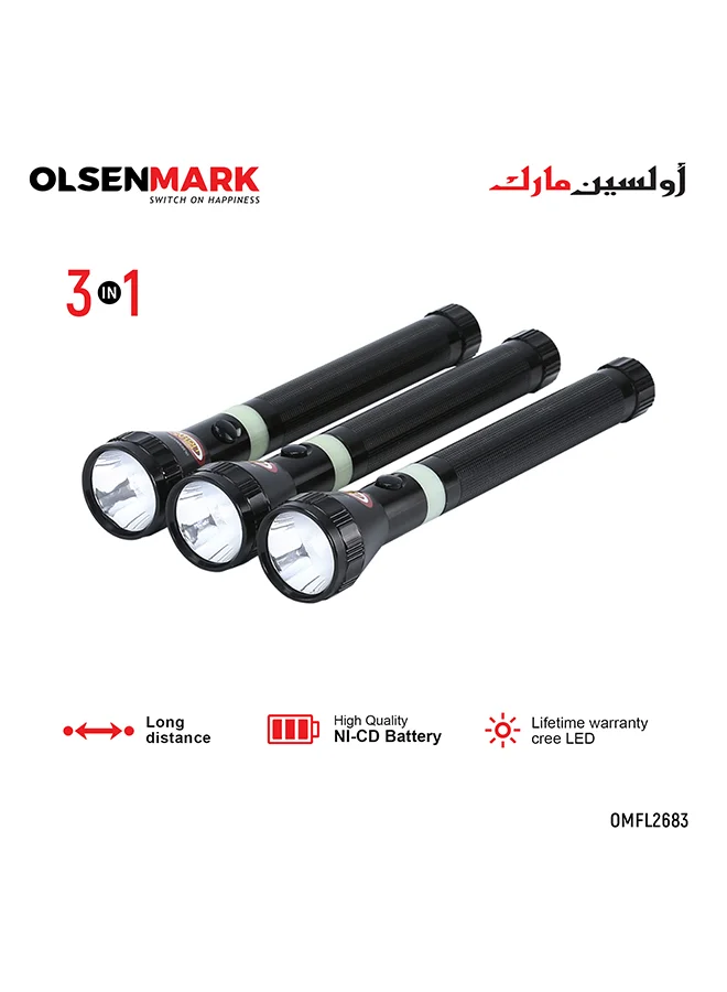 Olsenmark 3-in-1 Rechargeable LED Flashlight Torch High-Intensity Portable Lighting Tool (Black, 158g) ey66b
