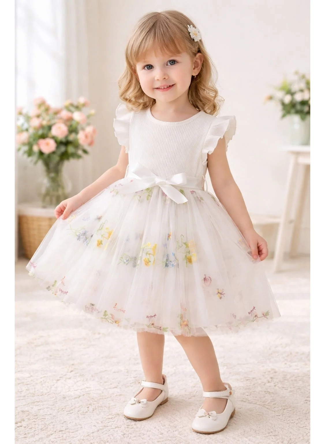 Smarties AE Girls Floral Embroidered Tulle Dress with Bow (Soft Knit Bodice, 2-3 Years) xurij