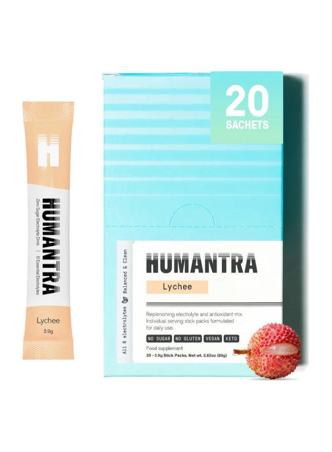 Humantra Electrolyte Hydration Powder Lychee Flavor (Zero Sugar, Vitamin C, B12, Magnesium, 20 Pack) 2hmw8