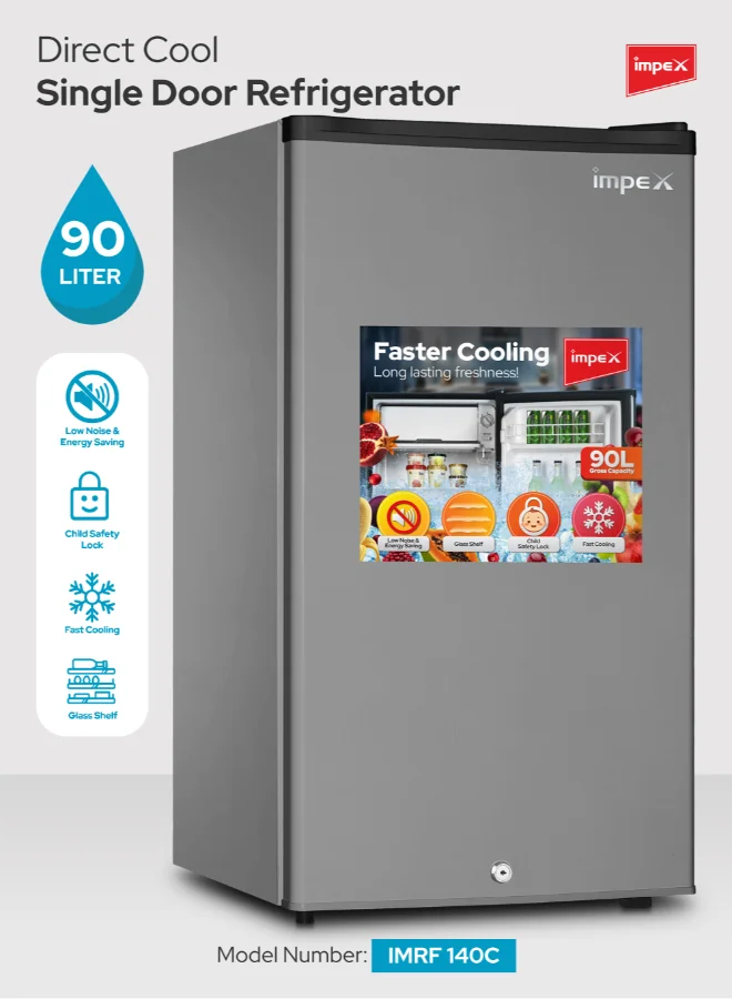 Impex Single Door Refrigerator 90L Compact Fridge with Freezer Compartment and Adjustable Temperature Control (Dark Grey, 90L) ejmet