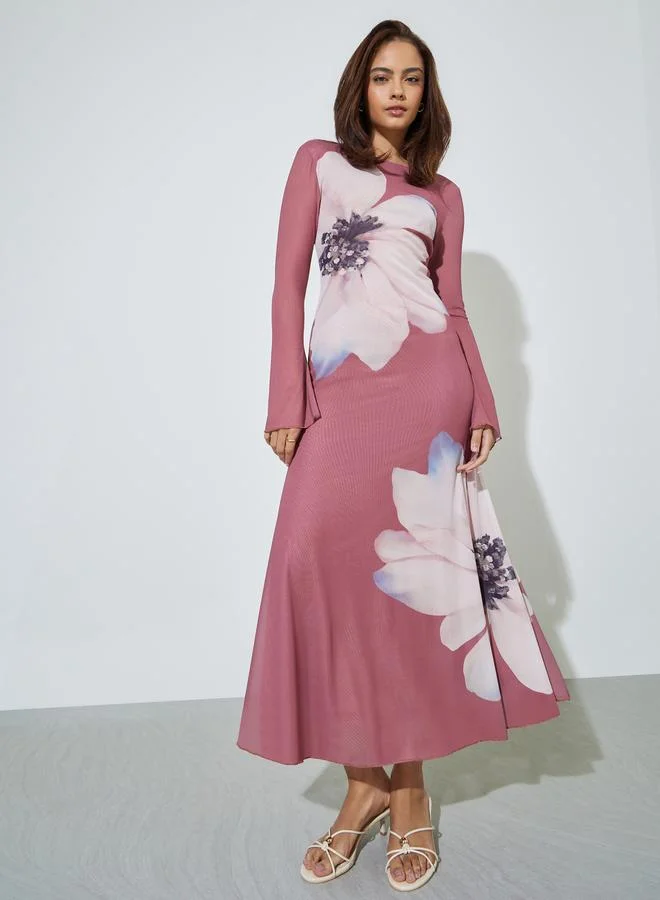 Styli Floral Print Maxi Dress Long Sleeve Premium Casual Wear for Women (Pink, One Size) hcomy