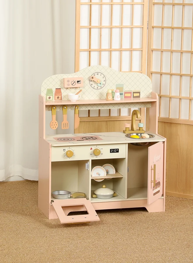 JSAITOYS Deluxe Wooden Kids Kitchen Play Set with Simulated Stove Sink and Coffee Machine (Pink, 85 cm) 5ez54