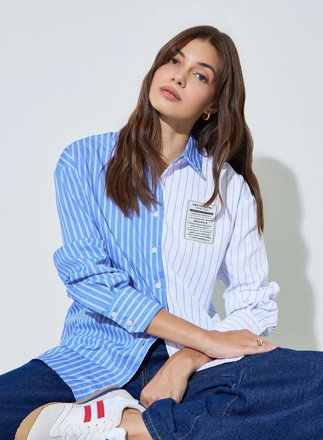 Styli Blue Color Block Striped Longline Shirt Premium Casual Button-Down For Women 40ngg