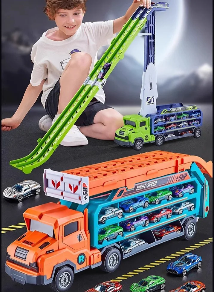 HUMJO Transport Carrier Truck Toy Set with Foldable Racing Track and 6 Die-Cast Metal Pull Back Cars (Multicolor, 1 Set) gni4l