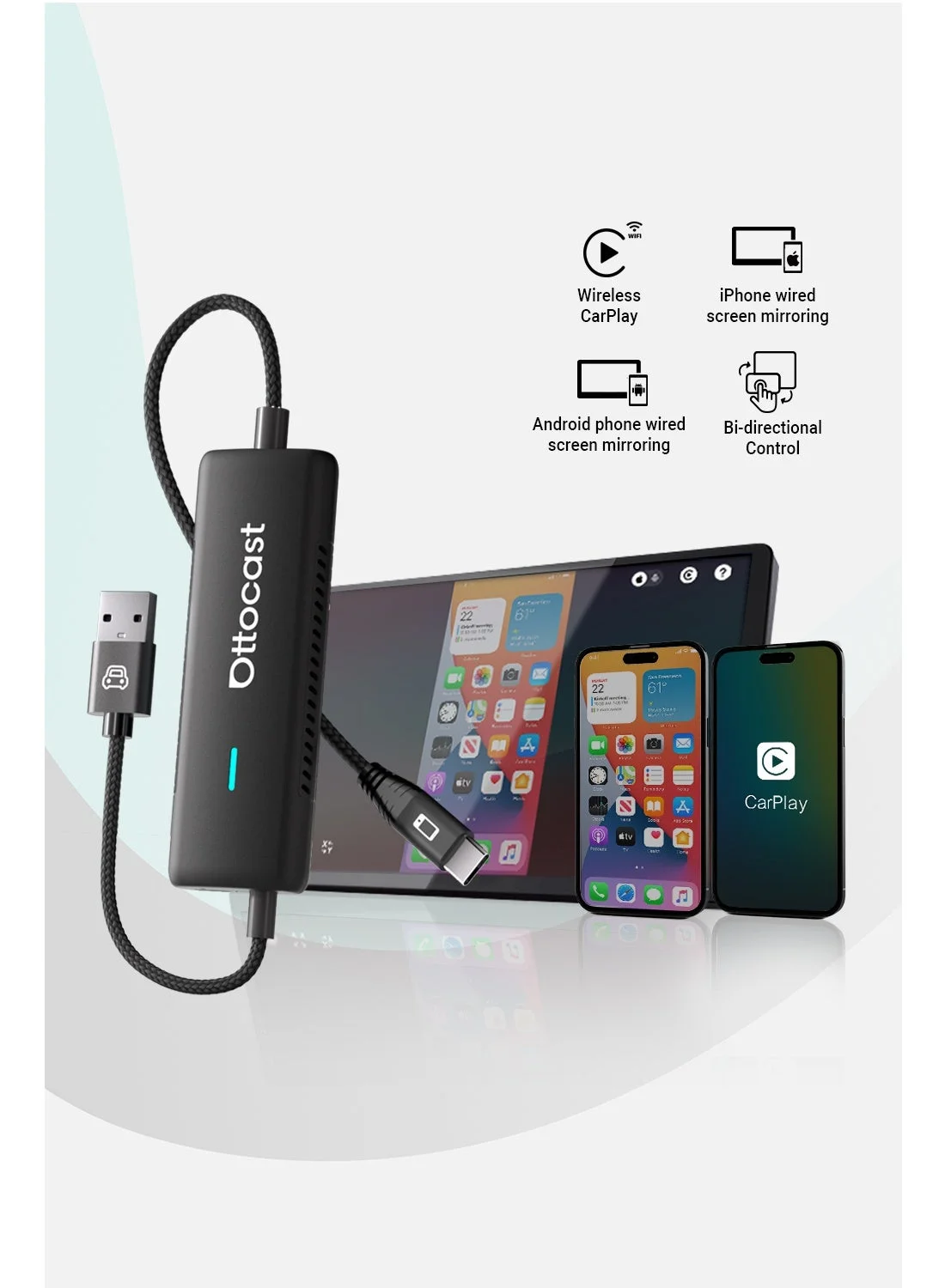 Premium 3-in-1 Wireless CarPlay Adapter with Bi-Directional Screen Mirroring for iOS and Android (Black, 1 Unit) 0apdm