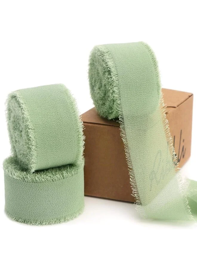 LAMAY Chiffon Ribbon Set Handmade Tassel Edge Decorative Fabric for Wedding Invitations and Bridal Bouquets (Green, 2 Pack) ht1z9