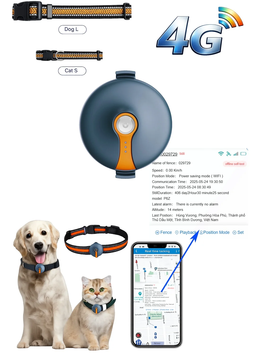Premium 4G GPS Pet Tracker for Dogs and Cats, Real-Time WiFi LBS Location Locator with Waterproof Magnetic Charging and Geo-Fence (Black, 1 Unit) qxgpz