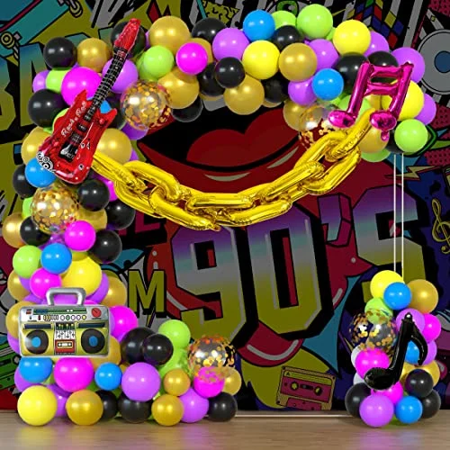 Haptda 90s 80s Retro Party Balloon Garland Kit with Music Theme Foil Balloons (Multicolor, 100-Piece Set) c9s26