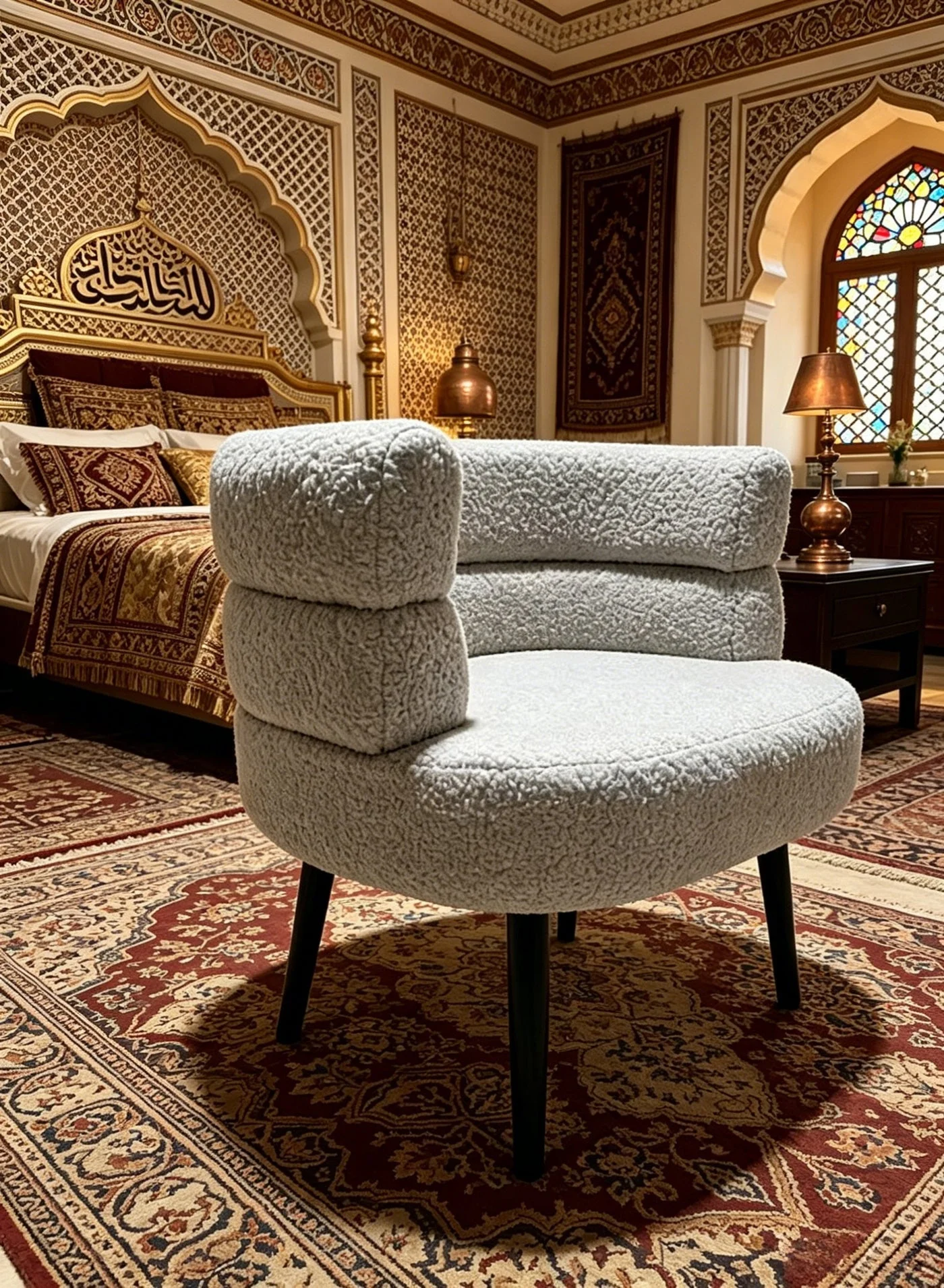 FUOE Cozy Boucle Accent Chair with Double-Layer Curved Backrest for Living Room and Bedroom (75 cm x 70 cm x 80 cm) j1x2r