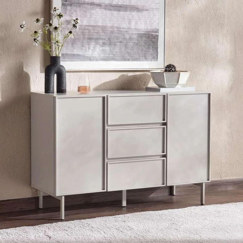 Pan Home Abbigail Sideboard Storage Cabinet with 2 Doors and 3 Drawers (Light Grey, 120 cm) ney4y