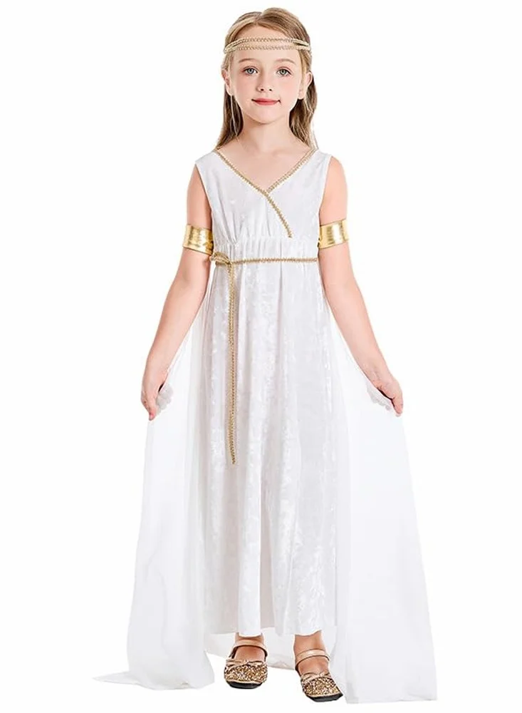 Loquat Greek Queen Costume for Girls, Roman Toga Dress for Themed Parties and School Plays (White, Kids Size) 6gcwb