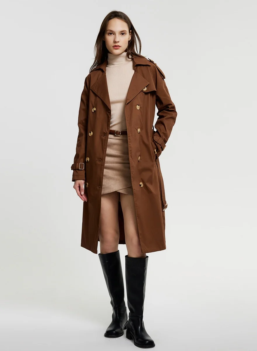 Joychic Women's Double-Breasted Long Trench Coat Premium Slim Fit Outerwear with Adjustable Waist Belt (Khaki, Medium) k4uzi