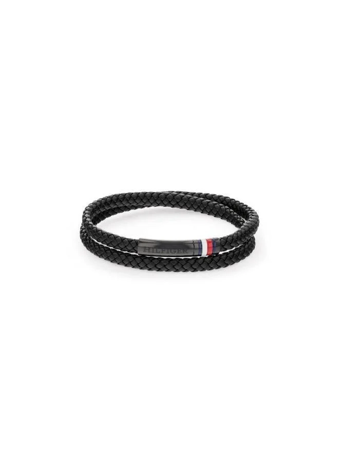Premium Braided Leather Bracelet for Men Double-Wrap Wristband (Black, 20 cm) wi92d