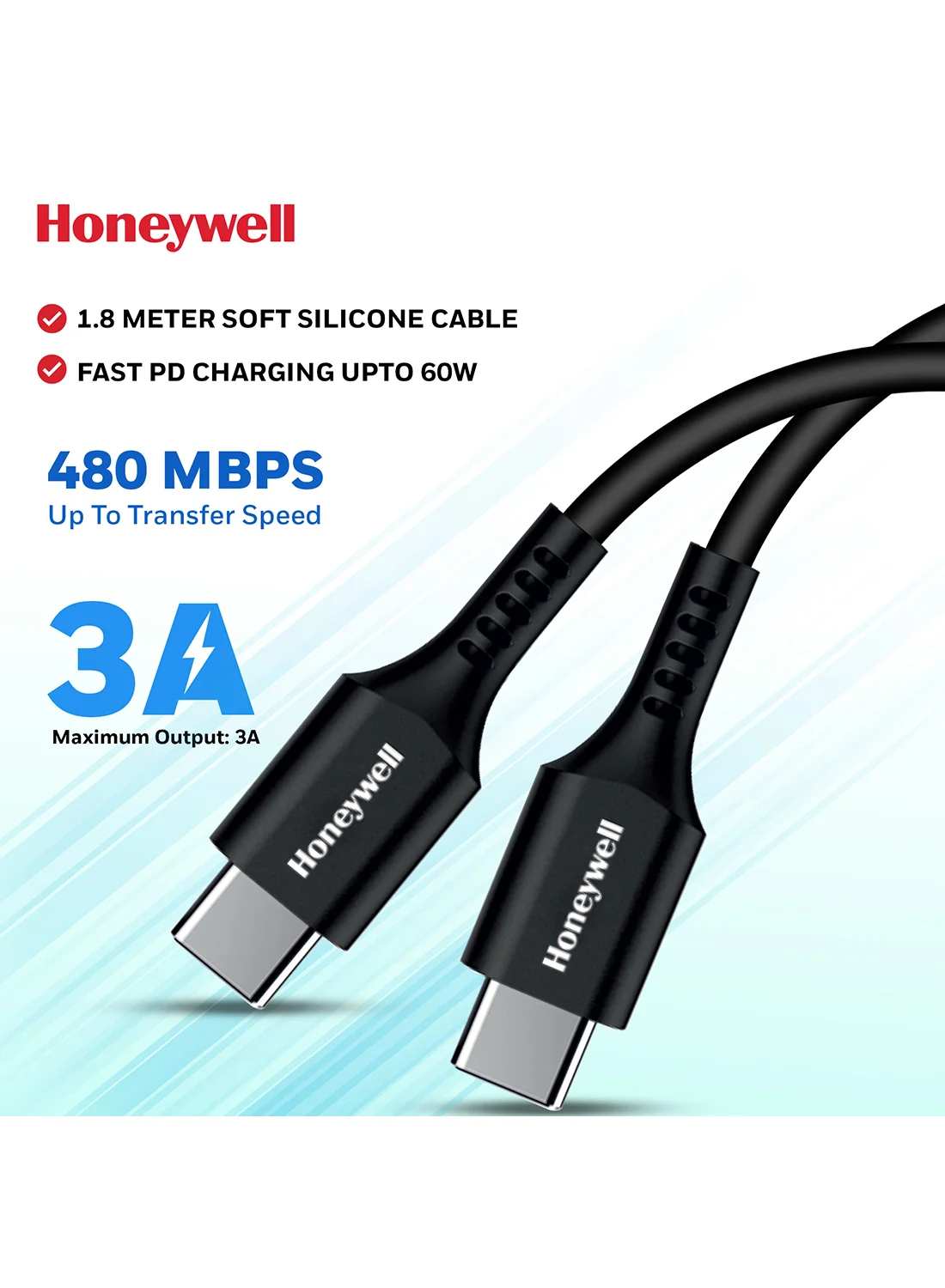 Honeywell USB-C to USB-C 3.1 Charging Cable 100W PD Fast Charge Data Sync Cord (Black, 1.8m) hwxd9