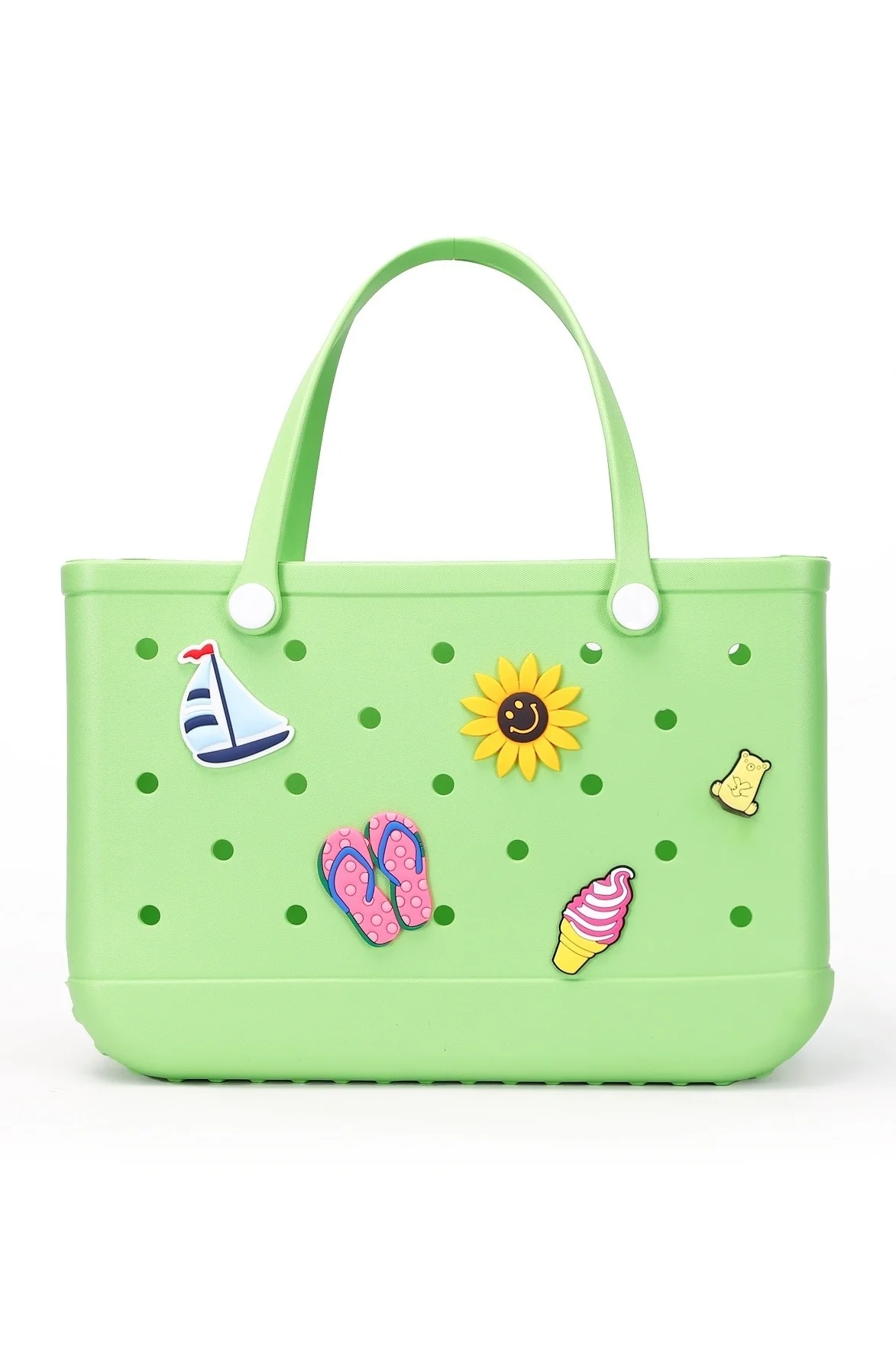 Premium EVA Rubber Beach Tote Bag Waterproof Summer Carryall with 5 Charms (Green, 48x32x20 cm) rik4b