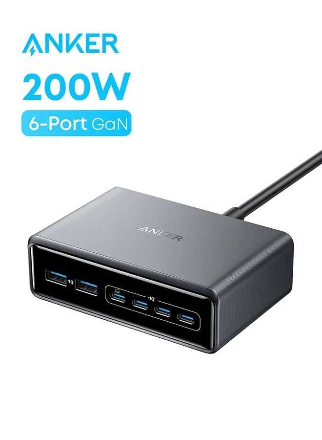 High-Speed 200W 6-Port GaN Charging Station, Fast USB-C Desktop Power Adapter for Laptops and Tablets (Silver) lon50