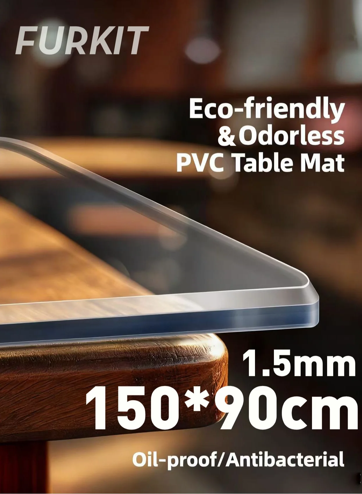 FURKIT Clear PVC Tablecloth Protector (1.5mm Thick, 150x90cm) Waterproof Non-Slip Desk Pad for Dining and Office foblr