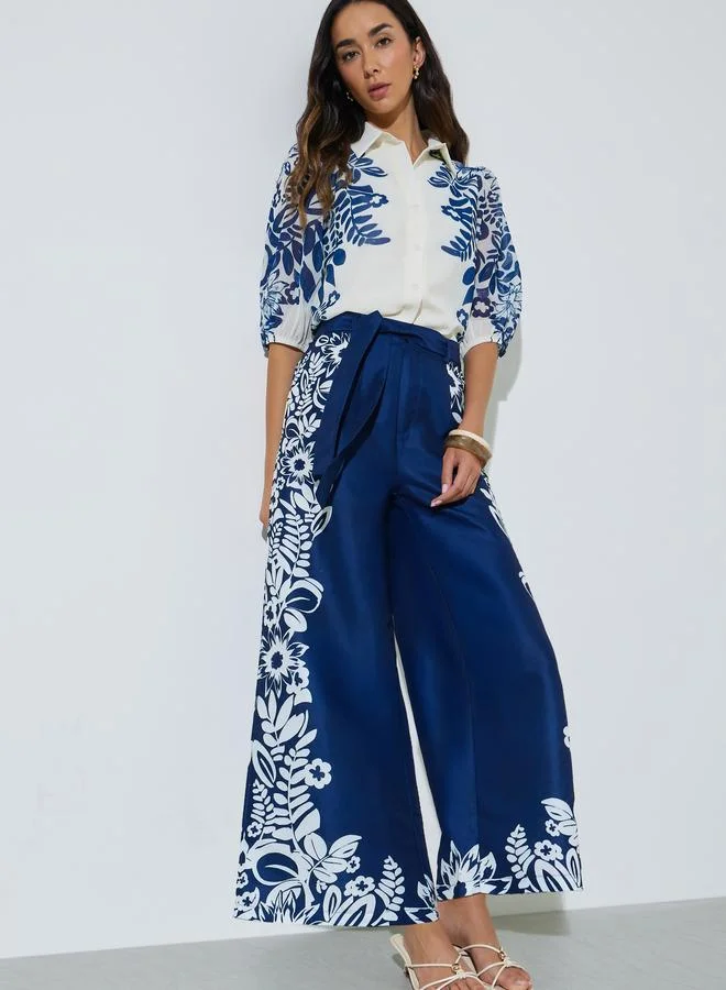 Styli Navy Blue Floral Print Wide Leg Pants Premium Flowy Trousers for Women pkg99